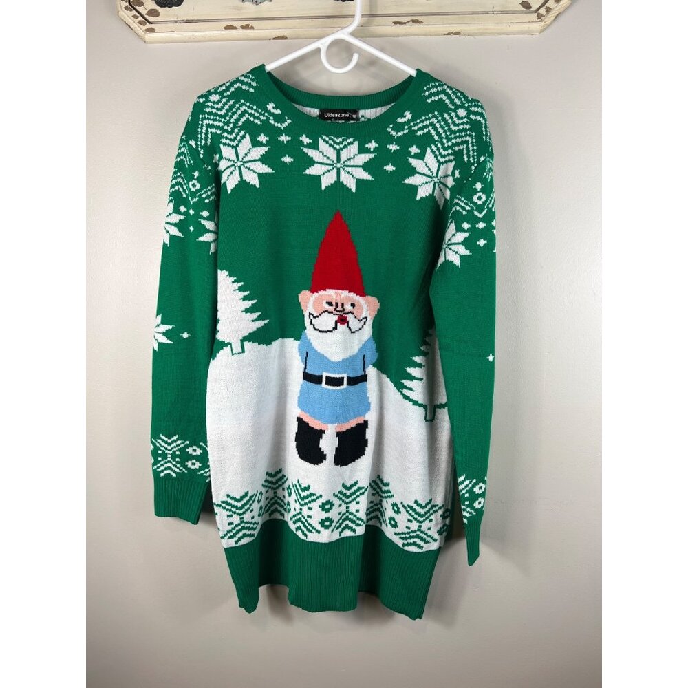 Uideazone Men's Ugly Christmas Sweater Elf Snowflakes Green Long Sleeve Medium